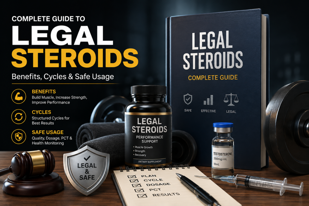 Complete guide to legal steroids benefits cycles and safe usage 3D fitness infographic banner