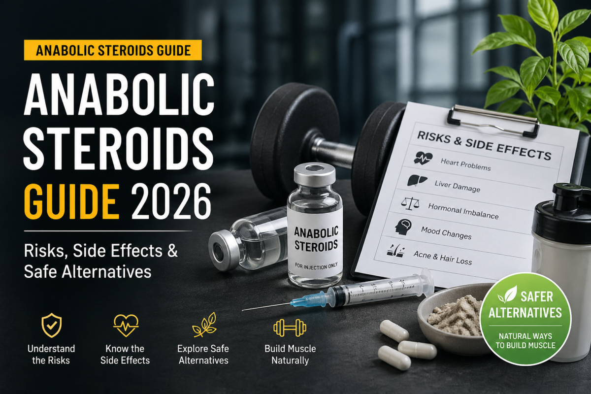 Anabolic steroids guide showing risks, side effects, and safe natural muscle building alternatives in 2026