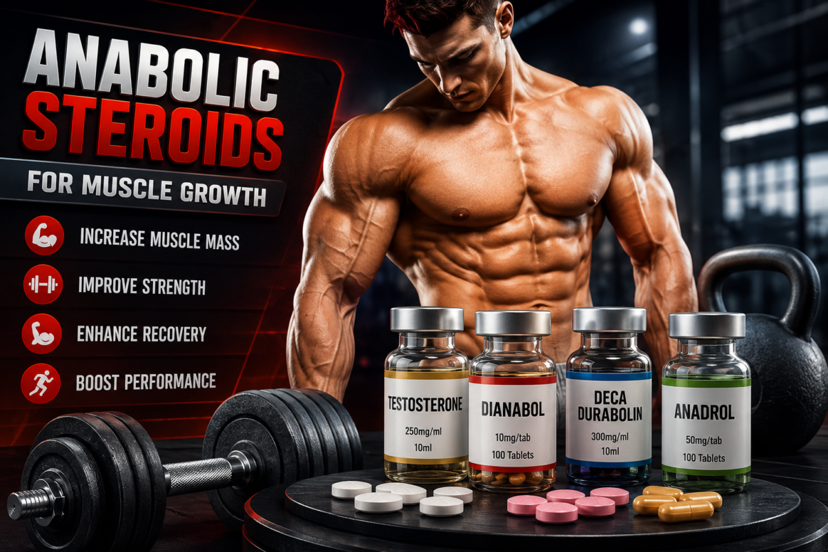 Anabolic steroids for muscle growth with bodybuilding and muscle gain concept