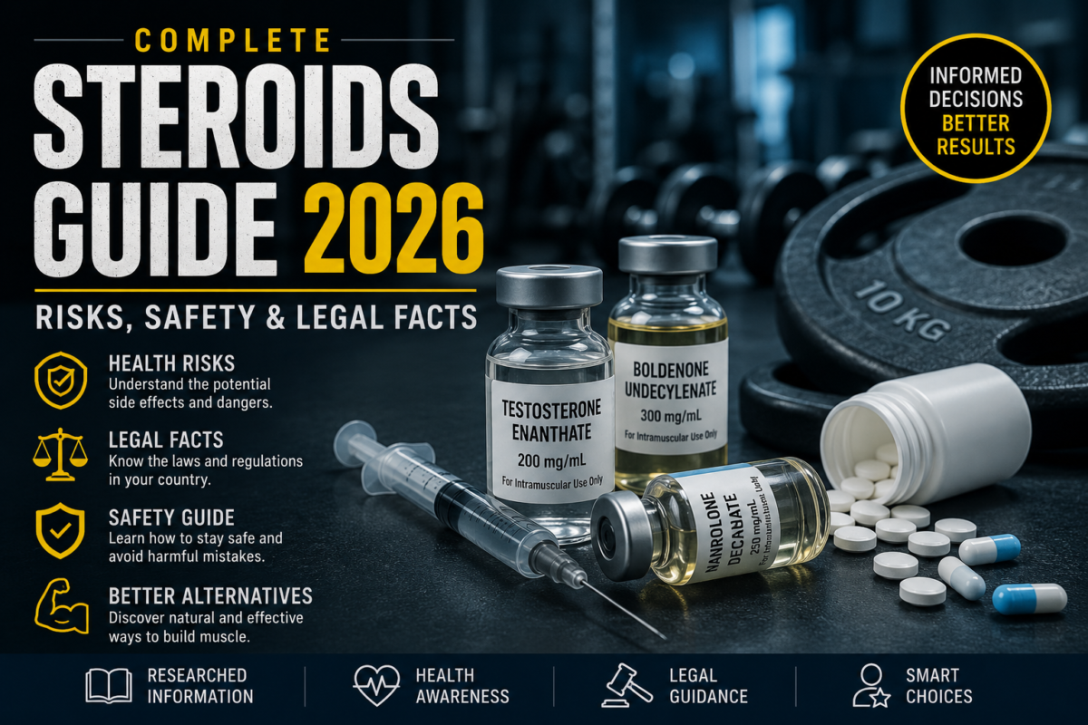 Complete Steroids Guide 2026 showing anabolic steroid information, health risks, safety concerns, and legal facts.